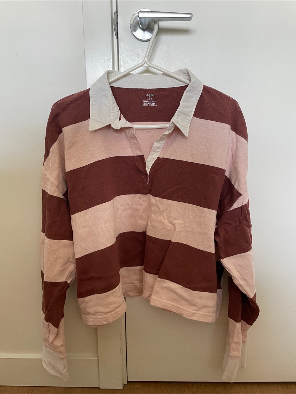 💫aerie Long Sleeve Rugby Crop Top in Pink and Brown XL